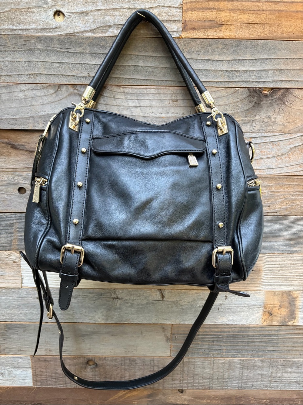 Rebecca Minkoff Cupid Classic Black Leather Satchel Handbag - Gold Hardware